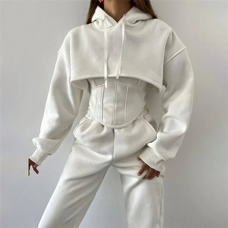 Women Solid 3 Piece Tracksuit Set Cropped Hoodie Corset Waist Vest Wide Leg Pants Casual Autumn Lady Streetwear Matching Outfits