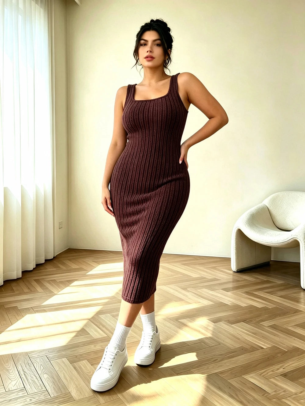 Plus-size women's new autumn ribbed knit drop-shoulder front-button jacket and fitted midi dress