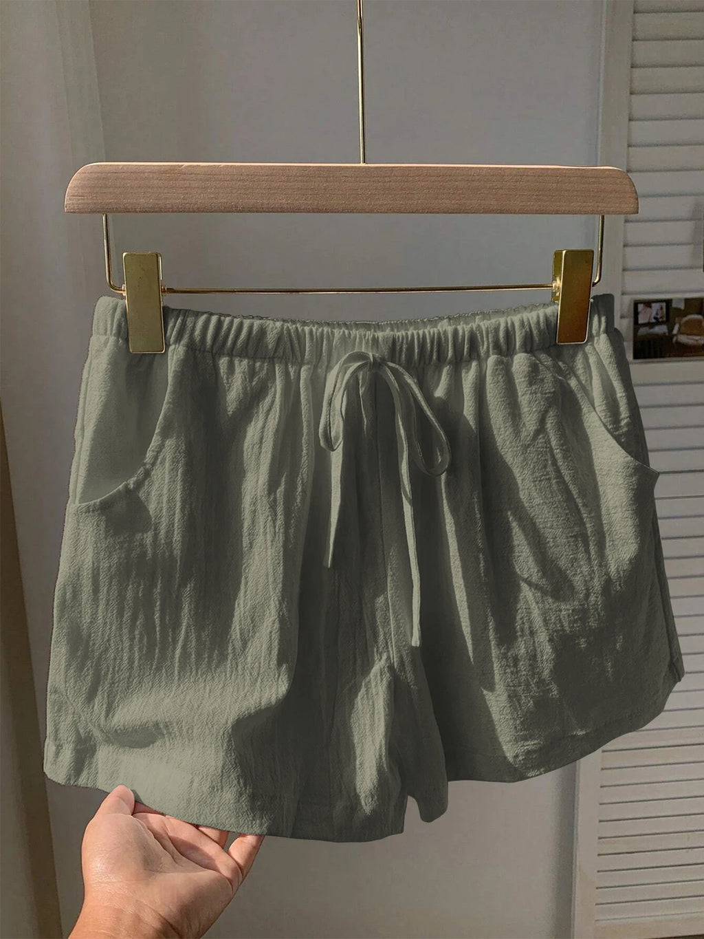 Ladies New Spring Summer Linen Solid Color Casual Sports Elastic Waist Drawstring Short Pants