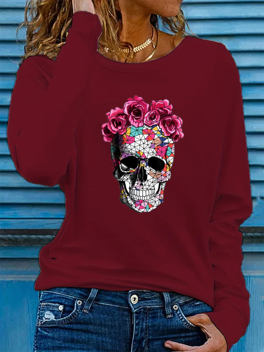 100% pure cotton women's spring and autumn loose casual skull and rose graphic printed long sleeved round neck T-shirt