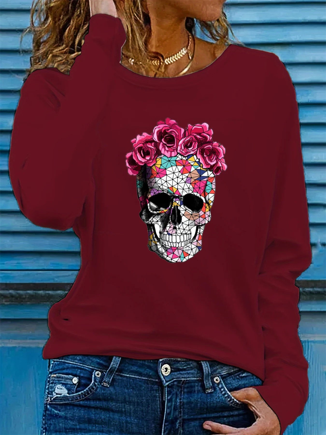 100% pure cotton women's spring and autumn loose casual skull and rose graphic printed long sleeved round neck T-shirt