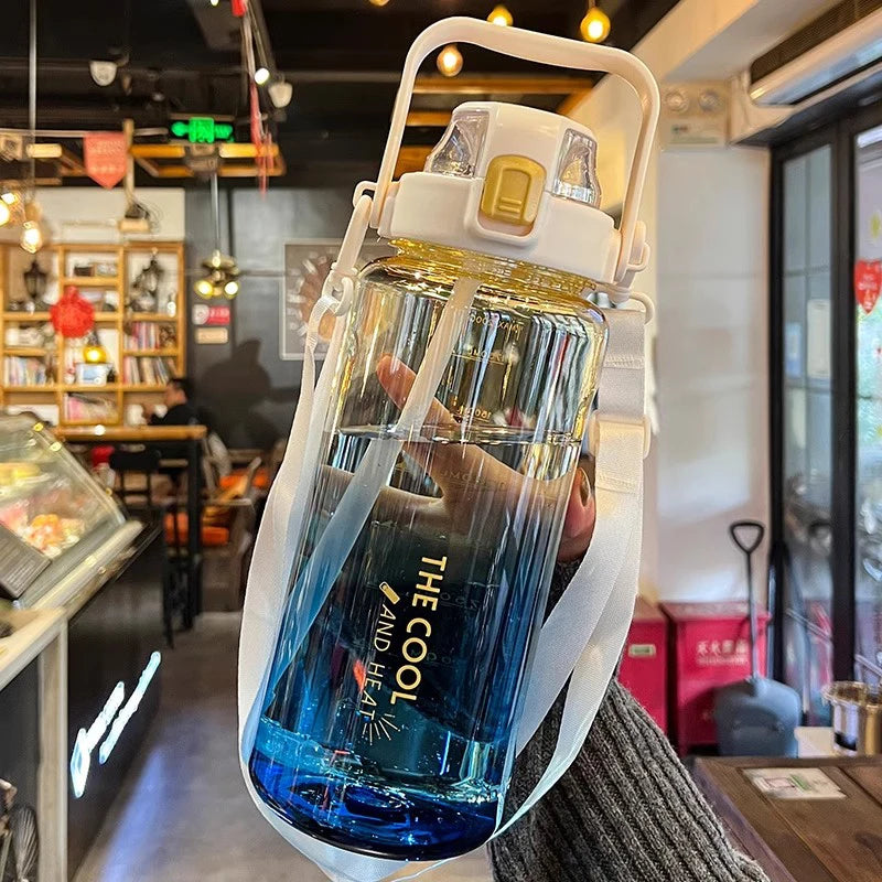 1.5/2 Liter Water Bottle Portable Plastic Sports Bottle With Straw Strap Large Tumbler Gym Travel Juice Drinking Bottle BPA Free