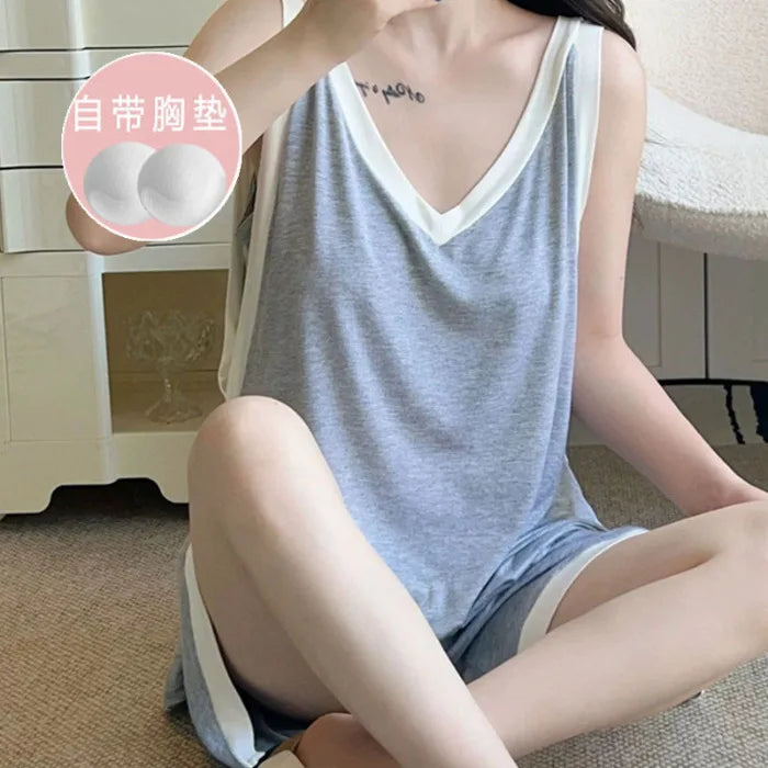 Women Sleeveless Summer Casual 2/pce Set Girls Spaghetti Strap Vest Shorts Outfit Lady Color Blocked Bra Pad Fashion Loungewear
