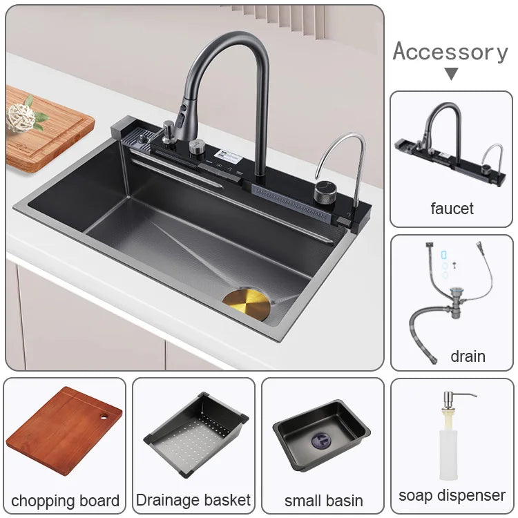 Light Emitting Diode Digital Nano Handmade Modern Single Slot Stainless Steel Waterfall Multifunctional Smart Kitchen Sink
