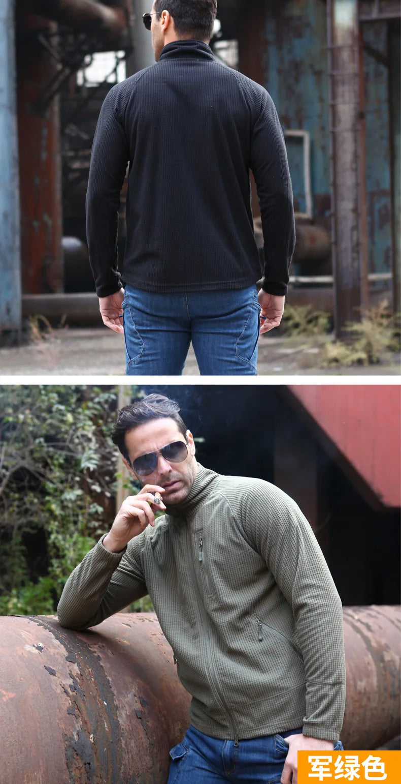 Men's Tactical Grid Fleece Jacket Full Zip Stand Collar Warm Windproof Outdoor Hiking Fishing Fleece Coat Base Layer