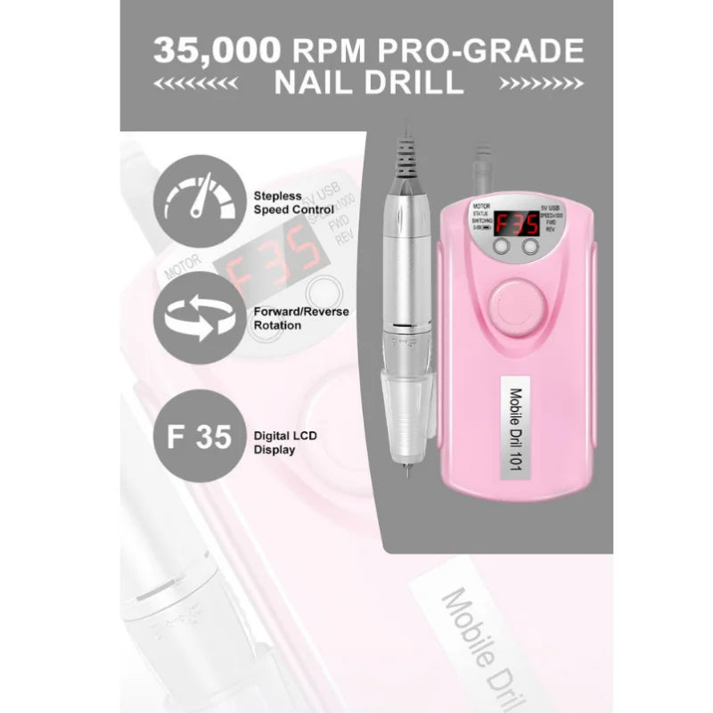 Electric Nail Drill Machine Professional Nail Drills For Gel Nail Polish Rechargeable Portable Nail File, Manicure Tool 35000RPM