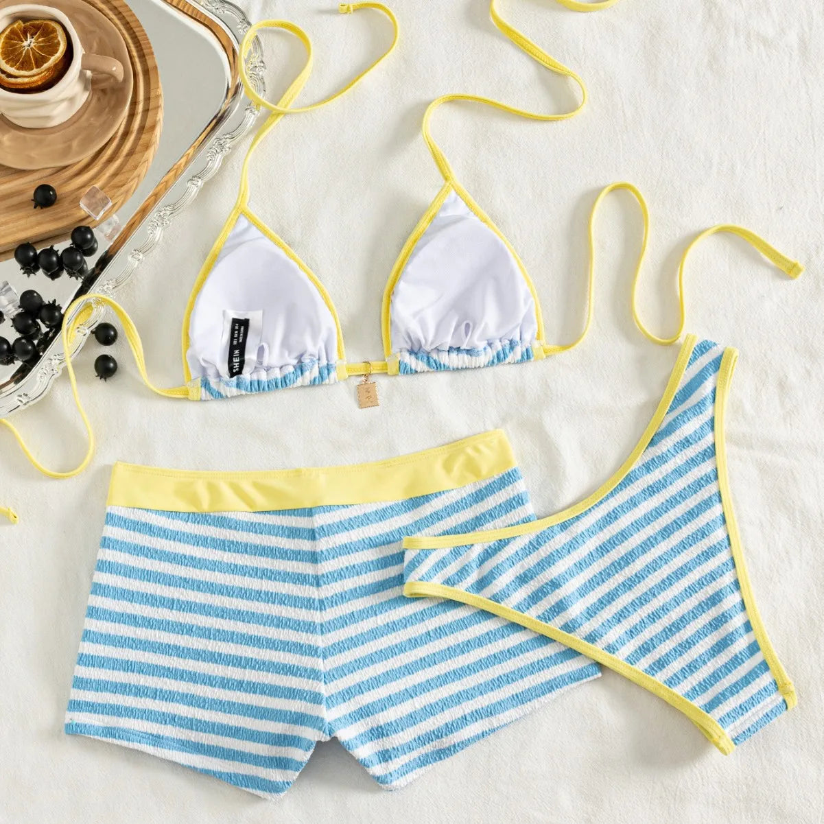 Women 3 Piece Striped Bikini Set Halter Triangle Top High Cut Thong Drawstring Shorts Summer Beach Swimwear Bathing Suit