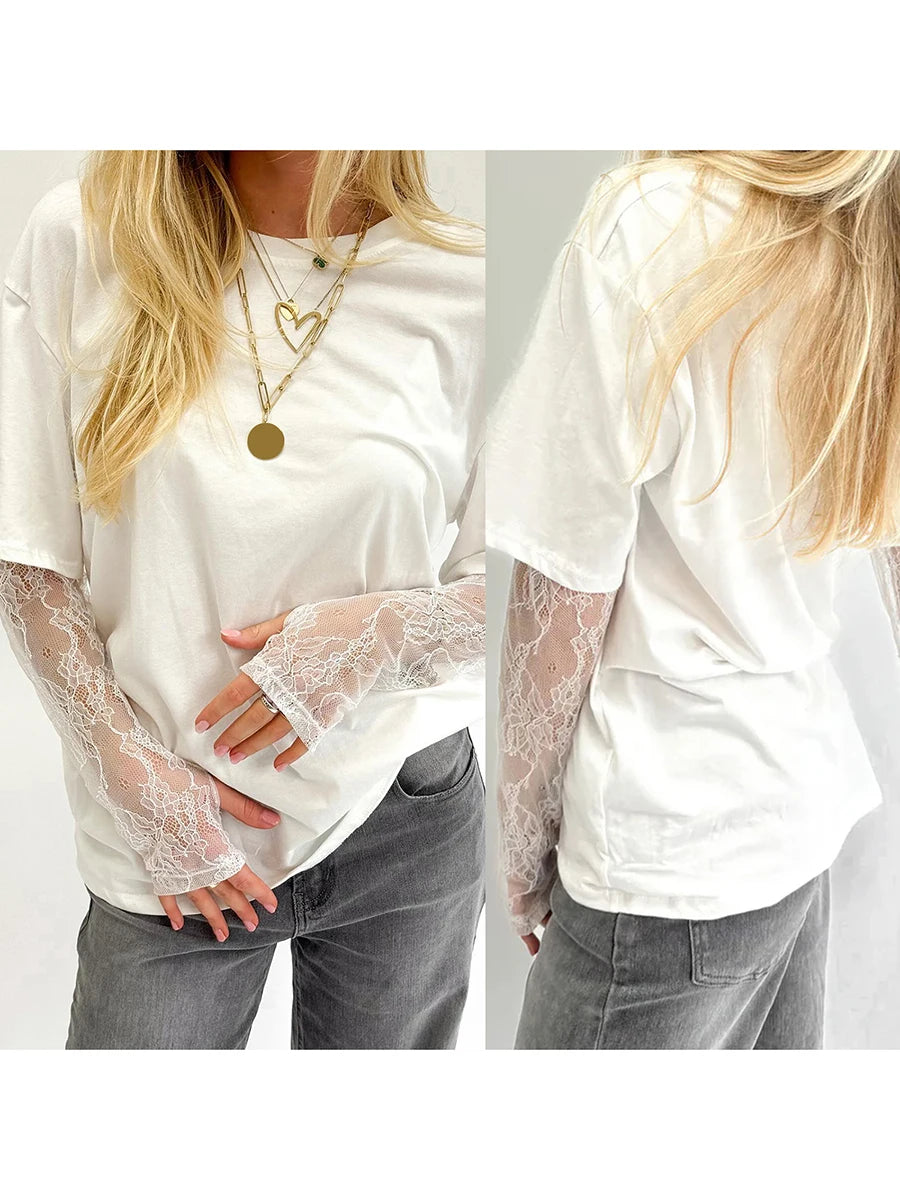 Women Round Neck T-Shirt Lace Long Sleeve Casual Shirts Spring Fall Loose Fit Tops Ladies Solid Color Tee for Streetwear Y2K 00s