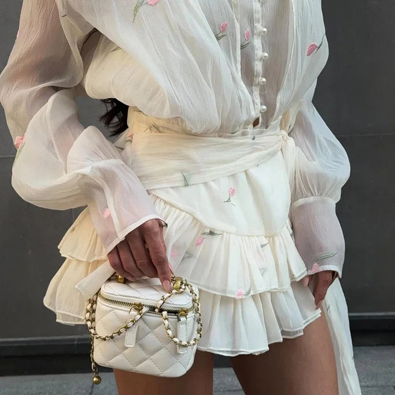 Elegant Printed Women's Dress Long Sleeve V-Neck Ruffle Waist-Closed Lady Mini Dresses 2026 Summer Female Vacation Robe New