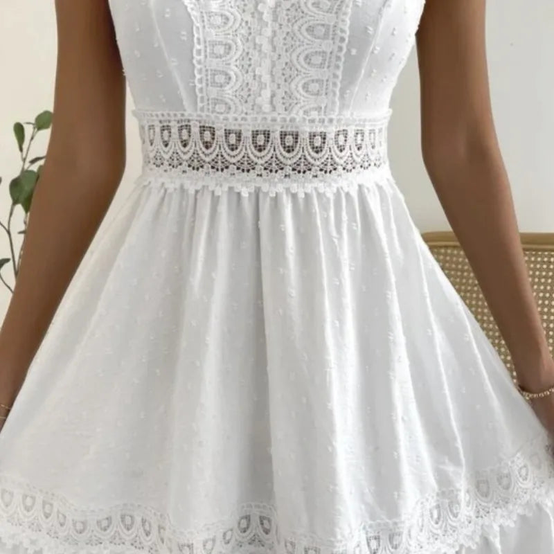 Women's White Party Dress Fashion Lace V-neck Ruffle Hook Flower Hollow Waist Mini Women Dresses Summer Sexy Prom Female Vestido