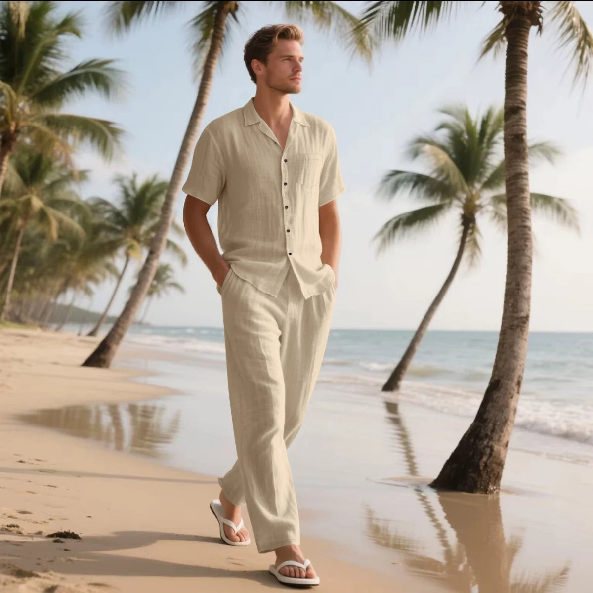 Men's Summer Beach Casual Cotton Linen Shirt Two-Piece Set with Lapel Pocket Long Pants And Shor Fashionable Breathable Clothing