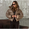 Chic Glossy Zipper Hooded Coat Women's Warm Elastic Waist Pleated Cropped Puffer Jacket 2026 Winter New Lady High Street Outwear