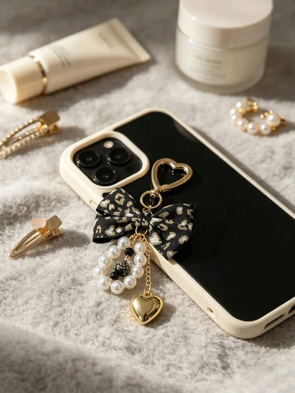 Leopard Print Bow Keychain Heart Pendant Women's Bag Simple Charm Pearl Keychain Beaded Charm Gift For Women