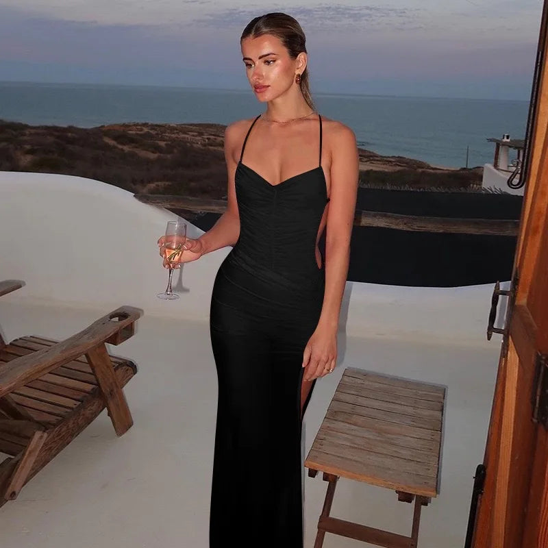 Sexy See-through Mesh Long Dress High Split Halter Pleated Maxi Dresses Prom Party Vestidos Women Backless Outfit Beach Sundress