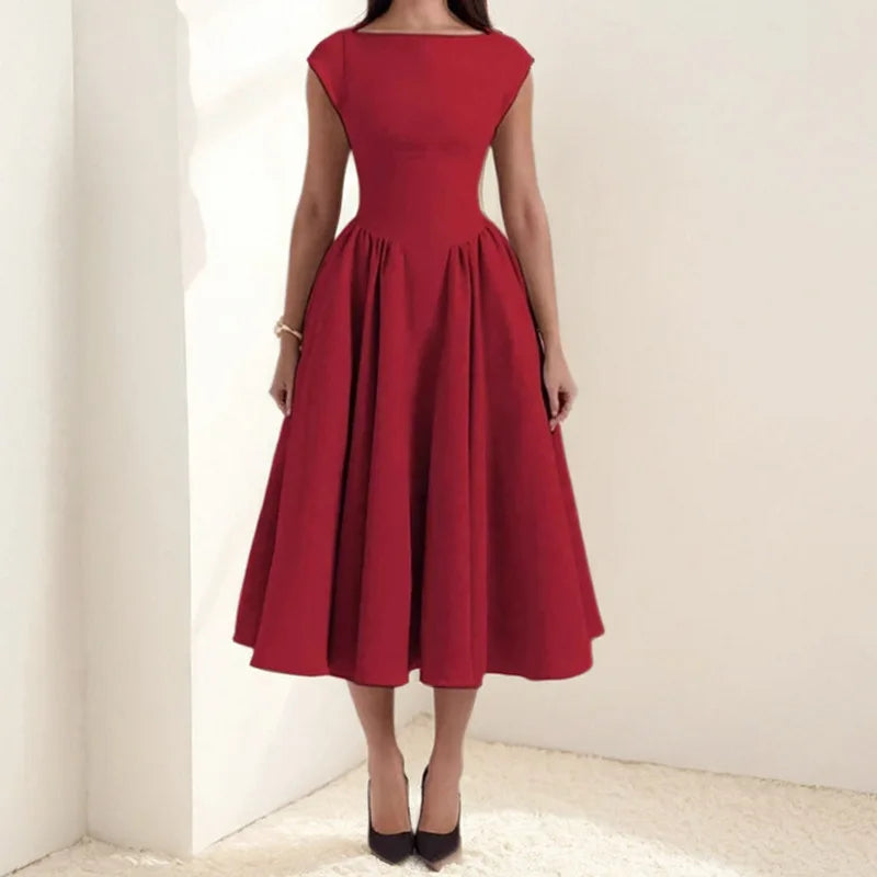 Summer French Fashionable Women's Temperament Solid Color High Waist Sleeveless Back Hollow Dress for Slimming