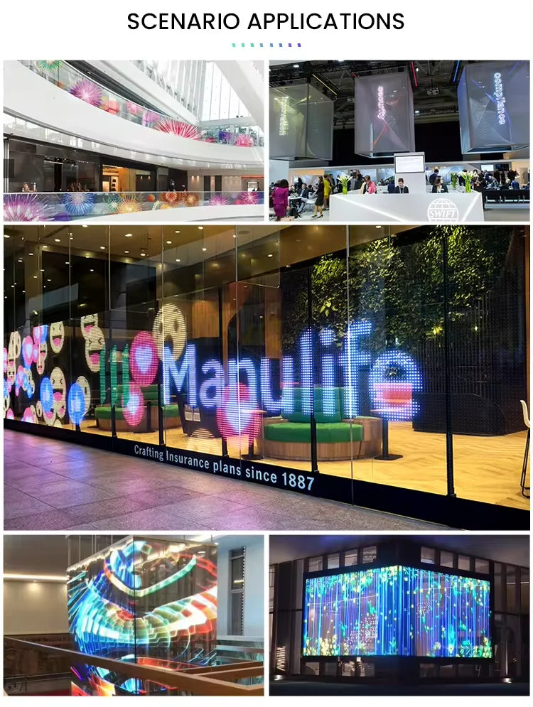 Easy installing Led flexible Transparent film Display P5 P6 P8 P10 P16 P20 Adhesive Transparent Led Screen for Window Glass Use
