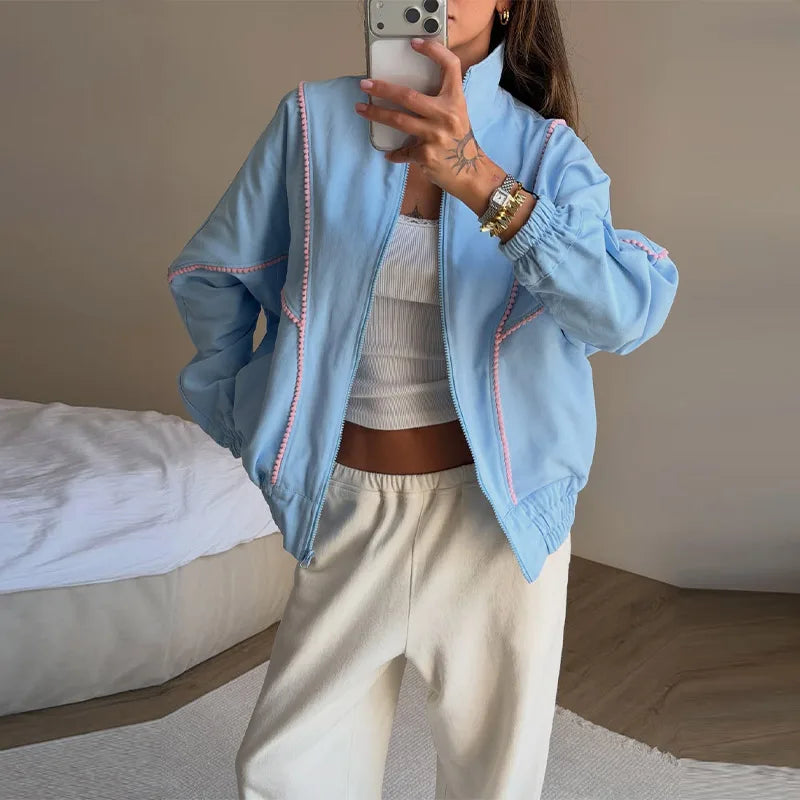 Polka Dot Cropped Windbreaker Jacket, Contrast Pink Seam Piping Side Pockets Loose Outerwear 2026 Autumn Street Daily Lady Coat
