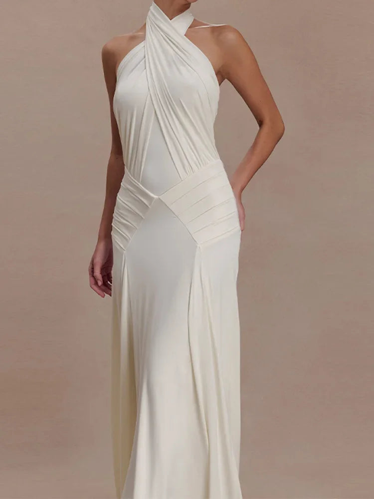 Elegant White Halter Neck Maxi Dress For Women Chic Backless Pleated Bodycon Long Vestidos 2026 Wedding Guest Evening Gown