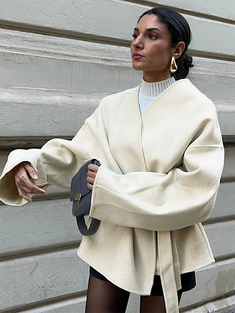 Collarless Belt Jacket Coat Lace-up Minimalism Beige Gentle Short Woolen Overcoat Waist Cinching Women Autumn Winter Overcoat