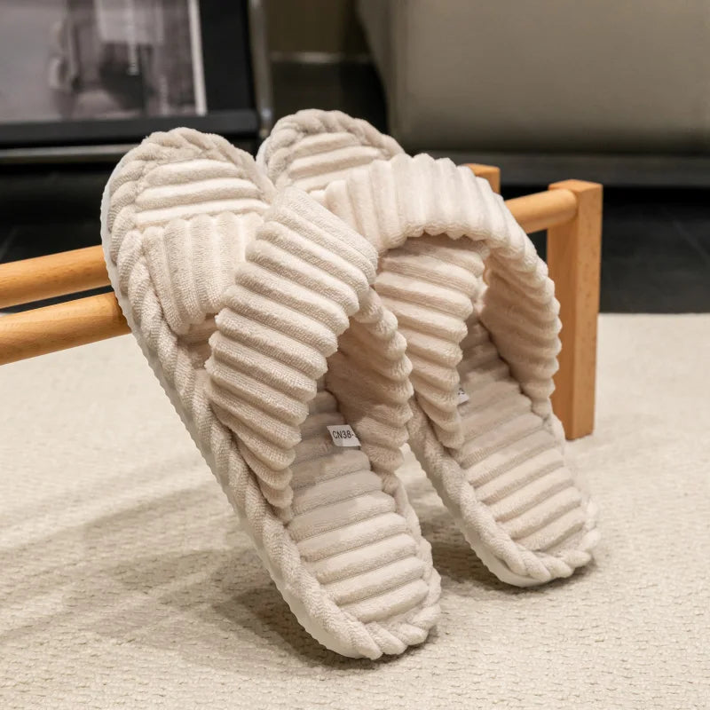 Fashion Corduroy Cross Band Open Toe Home Slippers Women Autumn Winter Warm Plush Slides Ladies Bedroom Soft Sole Slippers