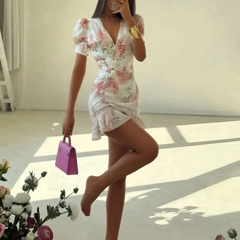 Women Sexy Flora Painted Ruffle Slim Dress Chic Deep V-neck Double Layered Ruffled Hem Dresses Lady New Daily Party Gowns