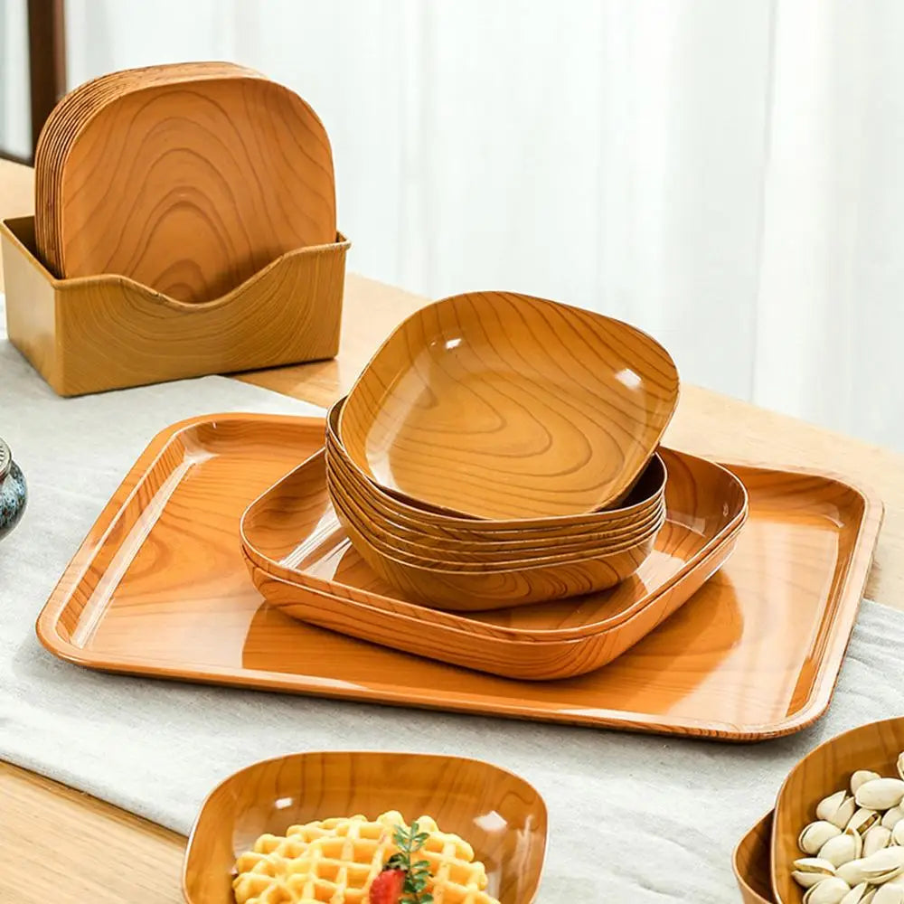 Kitchen Imitation Wood Grain Plastic Square Plate Japanese Afternoon Tea Fruit Dish Tea Tray Plastic Bone Dish Kitchen Tableware