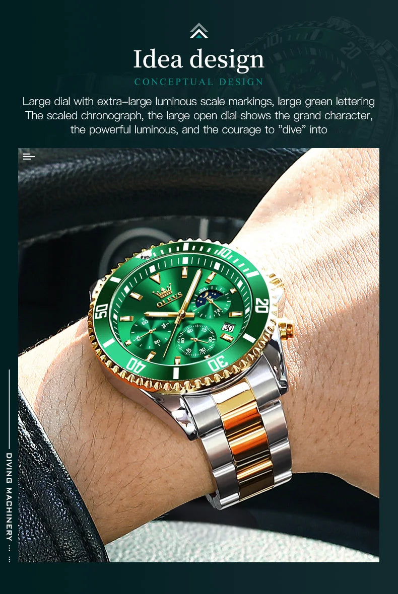 OLEVS 2870 Gold Men Watch Luxury Original Diving Series Men Watch Calendar Moon Phase Chronograph Sport Men Quartz Watch Gift