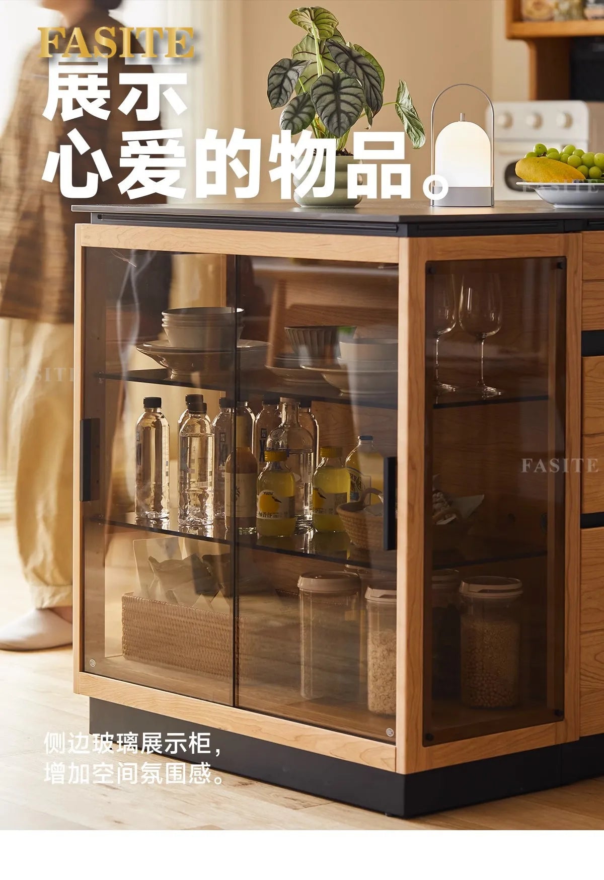 Solid wood island table retractable small apartment open integrated bar cabinet rock locker