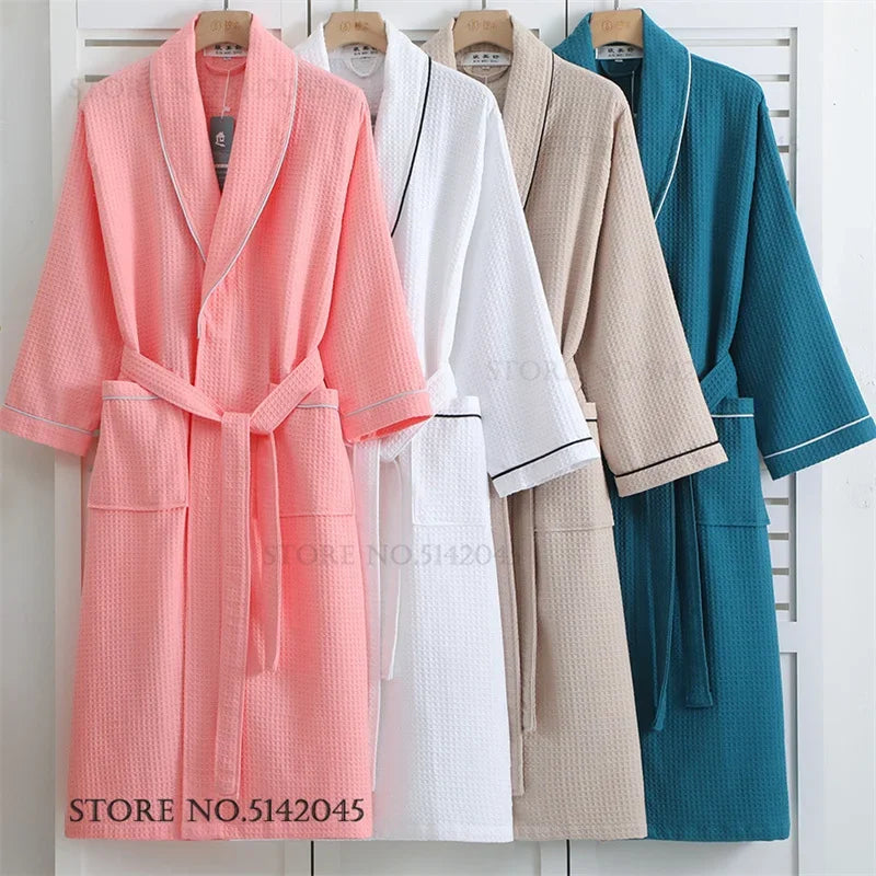 100% Cotton Women's Robe PAJAMA Home Dress Spring Autumn Waffle Bathrobe Kimono Gown Loose Casual Sleepwear Loungewear Negligee