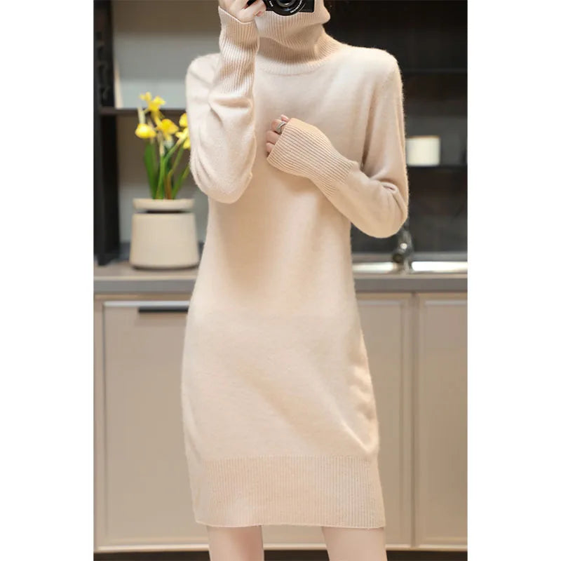 Elegant Cashmere Sweater Womens Dresses 100% Merino Wool Autumn Winter Turtleneck Knitted Dress Female Casual Long-Sleeve Skirts