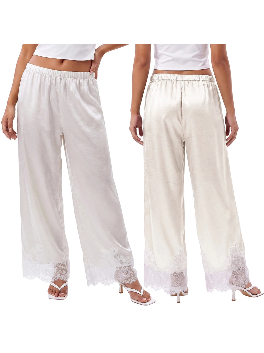 Lace Trim Wide Leg Pants for Women Casual Loose Stain Elastic Waist Trousers 90s Streetwear Y2K Coquette Bottoms