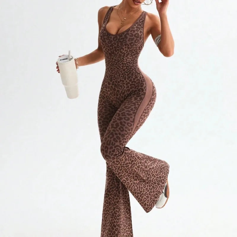 Women Leopard Print Cross Back Flared Jumpsuit Seamless Butt Lifting Yoga Bodysuit High Elastic Workout Fitness Sports Jumpsuit