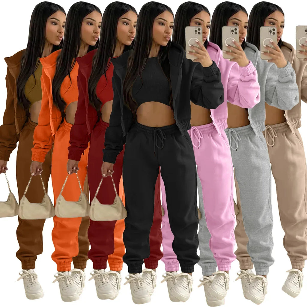 custom women's clothing plain winter hoodie joggers pants 3 piece pants set training wear womens sweatpants and hoodie sets