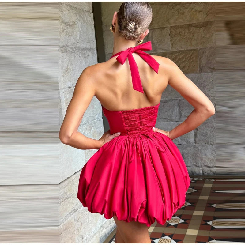 Sexy Halter Pleated Bud Mini Dress Women Sleeveless Tube Top Backless Bandage Solid Party Dresses 2026 Summer Fall Evening Robe