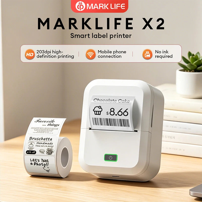 Marklife X2 Mini Portable Label Printer 2Inch Handheld Thermal Printer Mobile Bluetooth Wireless Adhesive Label Labeling Machine
