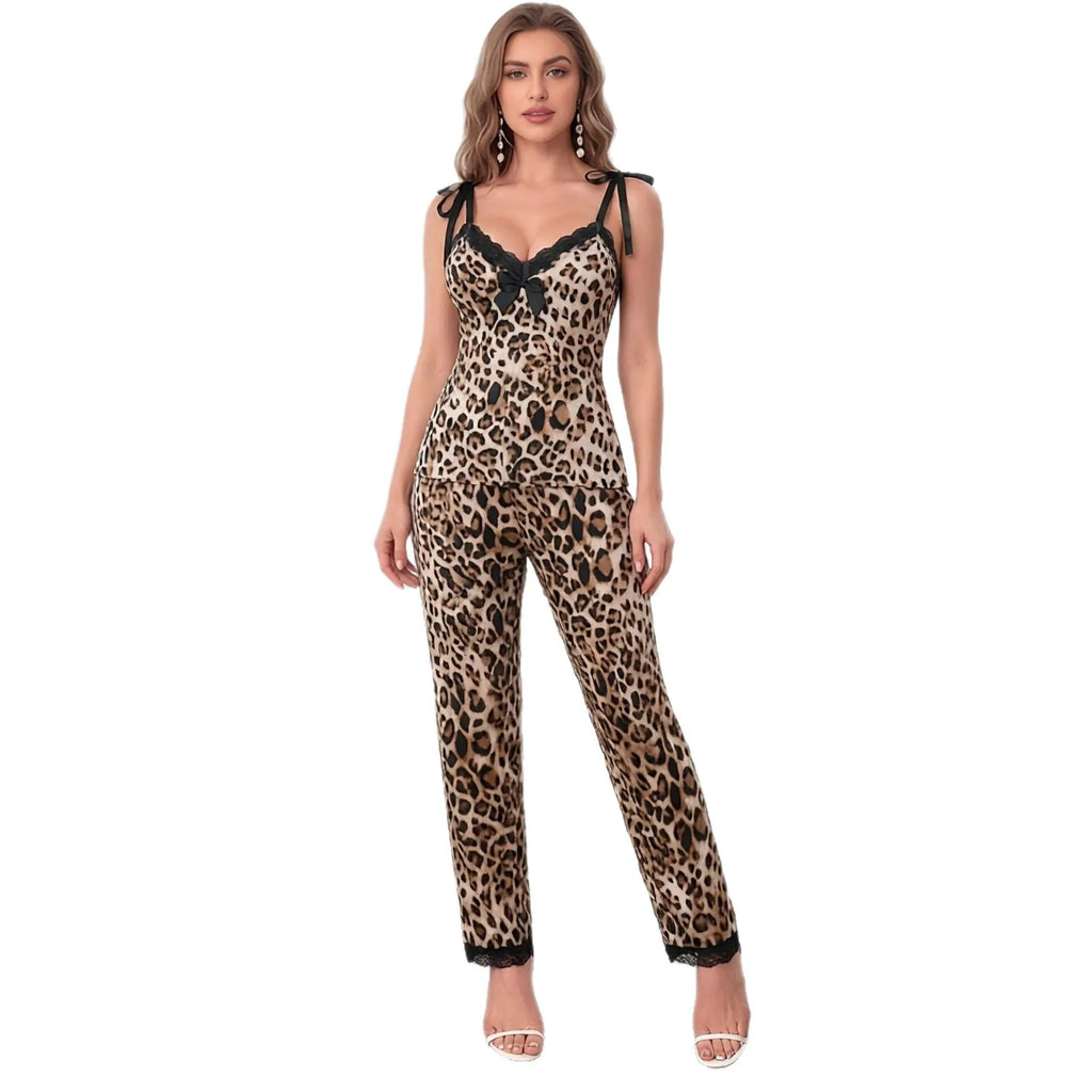 2027 Fashion 2pcs/set Long Women V-neck Pajamas Soft Fabric Two-piece Leopard Print Pajamas Ladies Pajamas Suspender Shorts Set