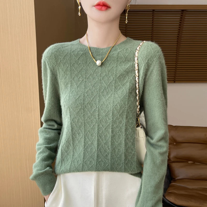 Fall/Winter 2024 New Women's Sweater 100% Pure Wool Lotus Collar Solid Color Loose Knitted Cashmere Pullover