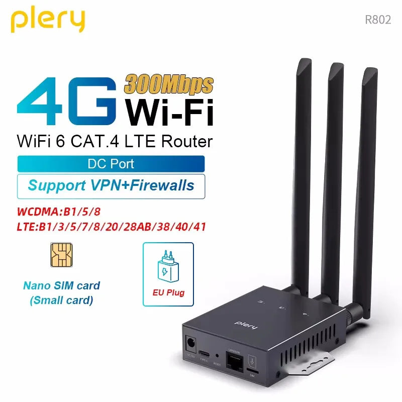 Plery 1200Mbps 4G LTE Cat6 Router 2.4+5.8GHz WiFi5 Wireless 5*Gigabit Ports VPN Support Nano SIM/eSIM Card 4G Routers EU Plug