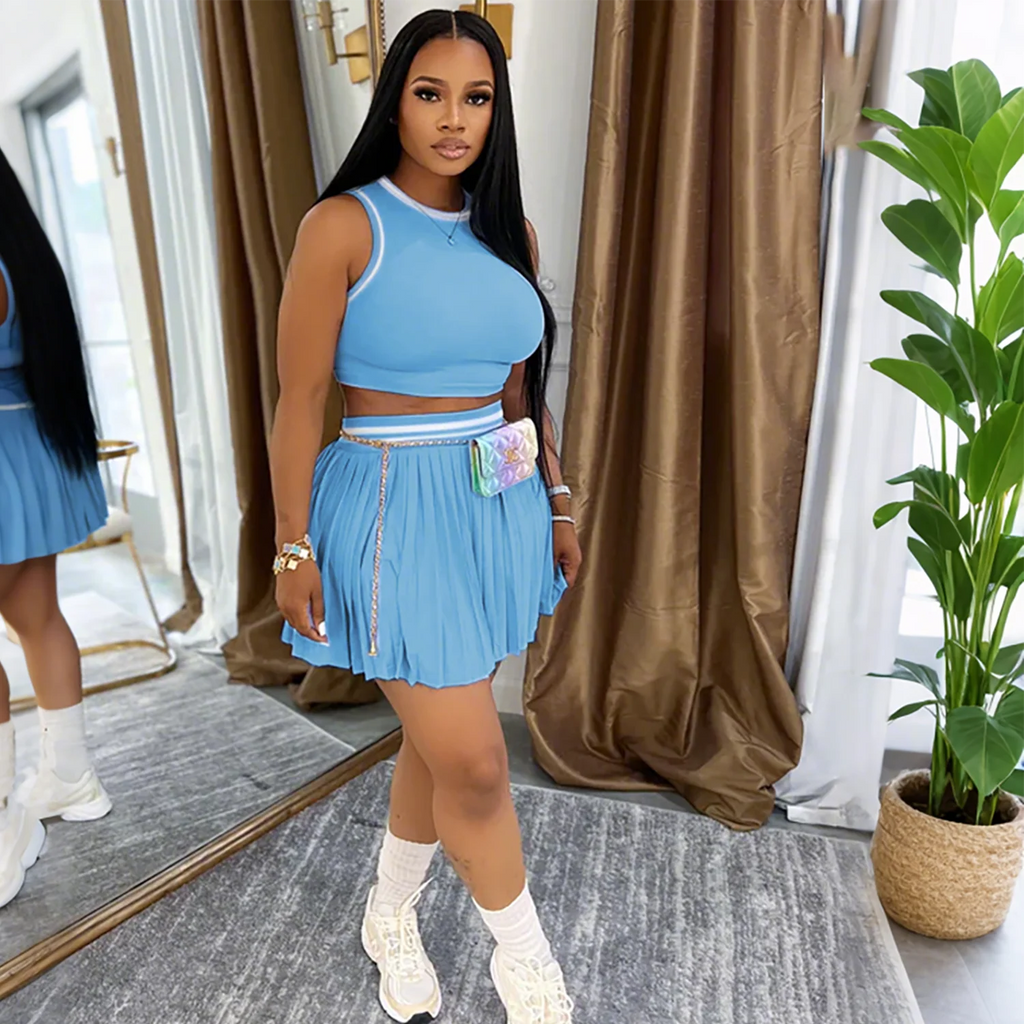 M3089 Women Solid Color Two Piece Set Sleeveless Crop Top & High Waist Pleated Mini Skirt Tennis Style Outfit