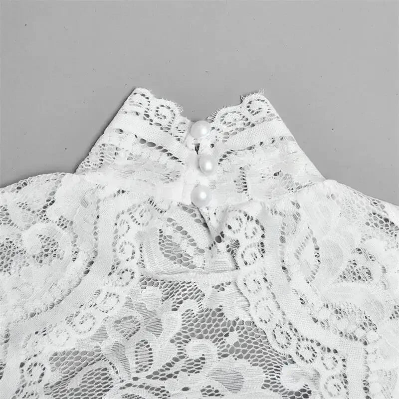 Women Elegant Lace Patchwork Sexy Mini Dress Fashion High Neck Long Flare Sleeve Backless Bodycon Club Party Dresses