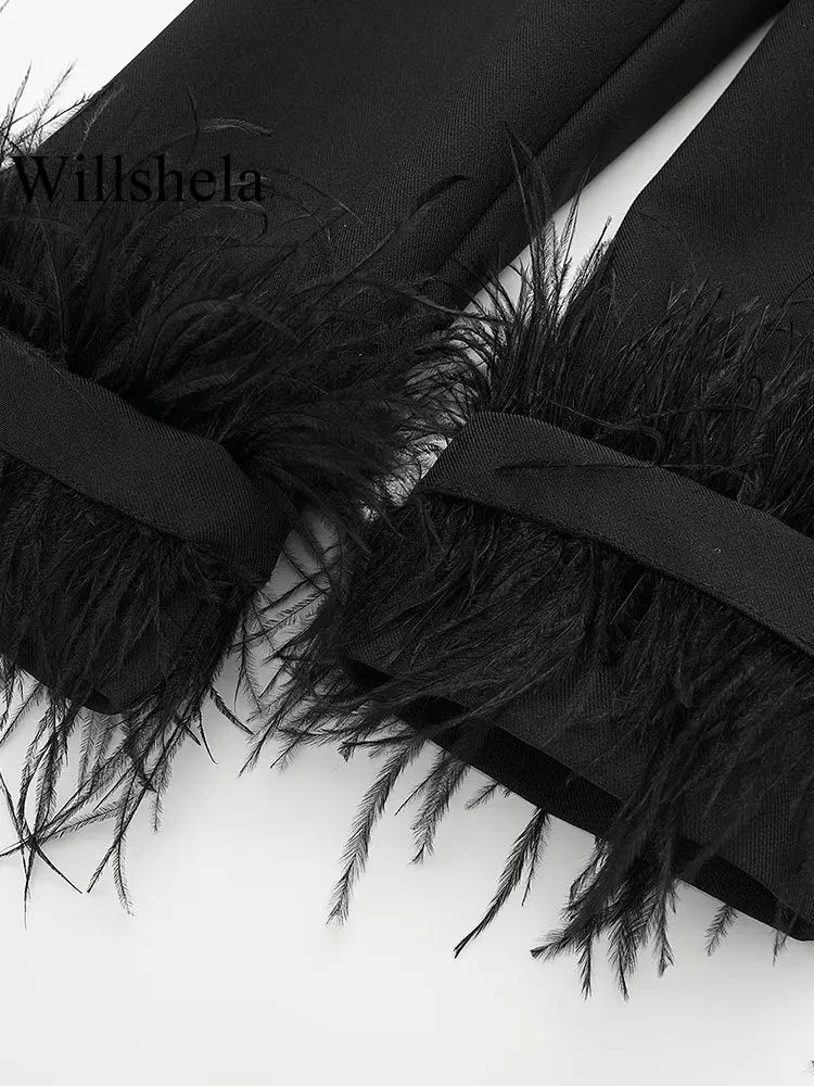Willshela Women Fashion Satin Black With Feather Blazer Jacket Vintage Notched Neck Single Button Long Sleeves Female Outfits