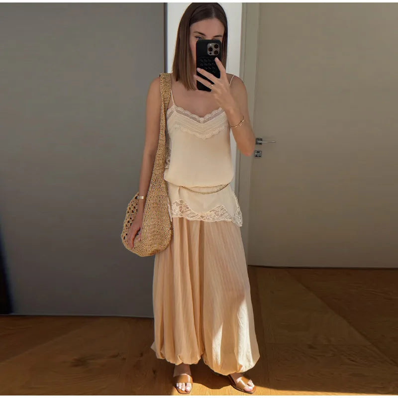 Elegant Women's Lace Satin Spliced Mini Skirt High Waist Short A-line Skirts Female 2025 Summer Autumn Lady Streetwear