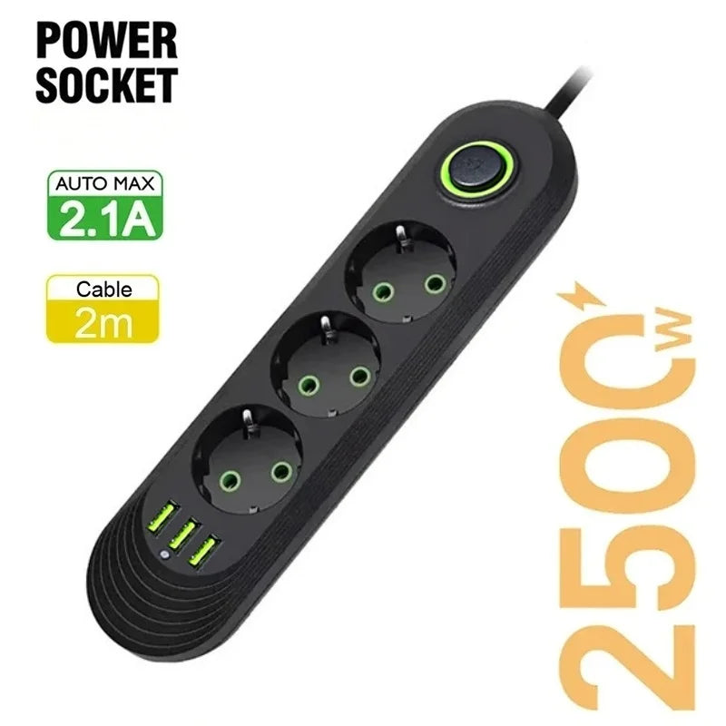 EU Plug AC Outlet 2500W Multiports Power Strip AC Outlet with 3USB Port 2m Extension Cable Round Pin Electrical Charger Adapter