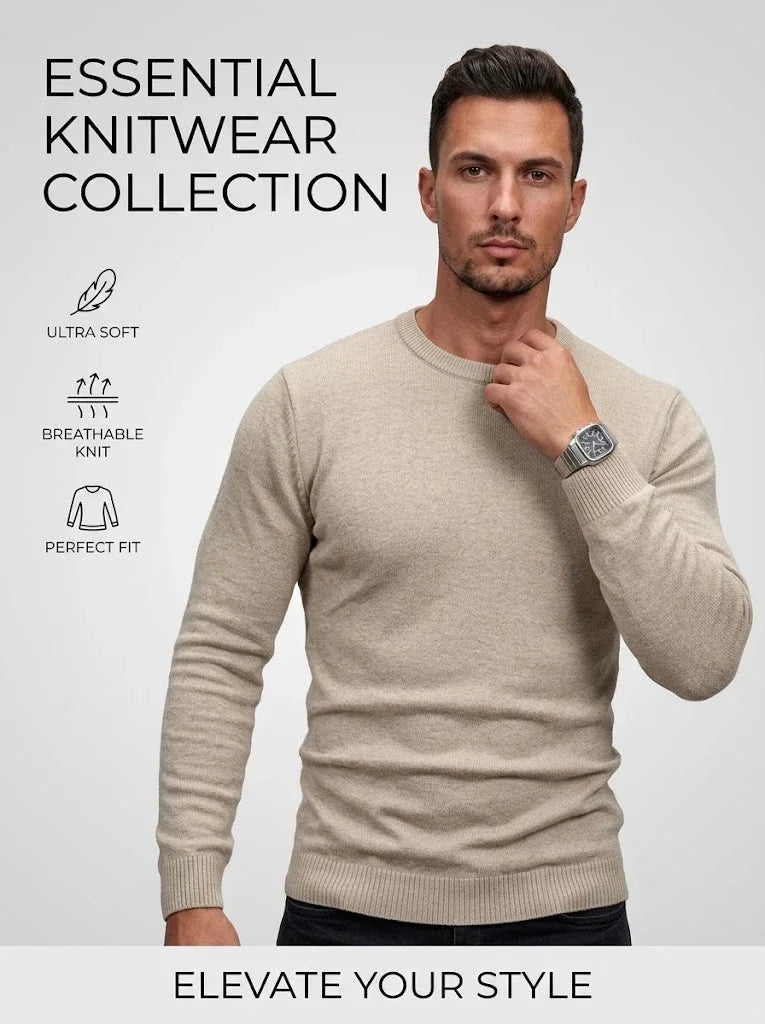 Mens Long Sleeve Knit Jumper Timeless Crew Neck Relaxed Pullover Cozy Knit Tops Business Office Apparel Thermal Knit Tees