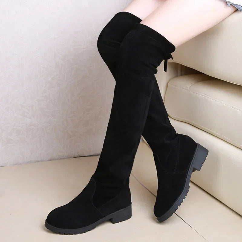 Faux Suede Female Heels Autumn Winter Elastic Knee-high Boots for Women Tube Lace-up Thigh Boots Black Botas
