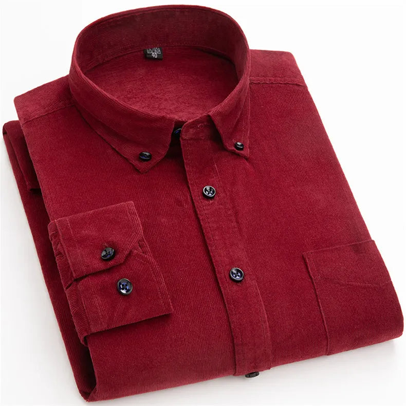 2025 Cotton Corduroy Casual Warm Solid  Shirt Long Sleeve Winter Regular Fit Mens Men's Shirts with Pokets