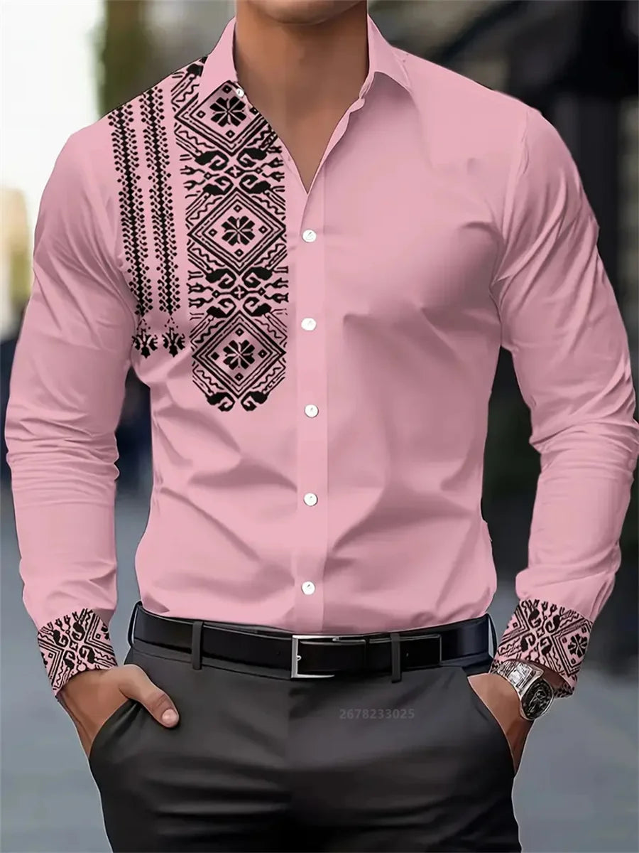 Men's shirt 3D printing retro ethnic style long-sleeved casual shirt high quality fashion lapel versatile top xs-6XL size