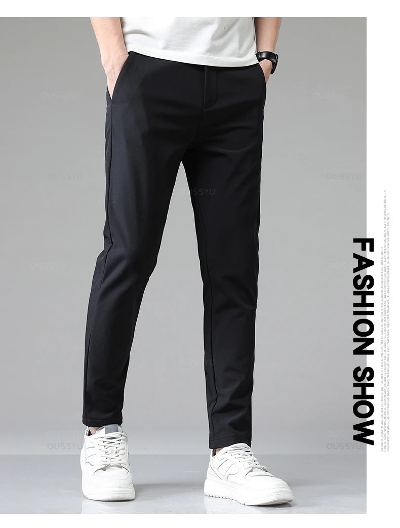 Autumn Winter Casual Pants Men Thick Business Stretch Slim Elastic Waist Jogger Korean Classic Black Gray Blue Trouser Male