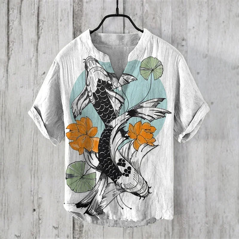 Men's Linen Comfortable Soft Men's Short Sleeve Shirt Hawaiian Fashion Splicing Print Stand Collar Button Shirt Summer Style