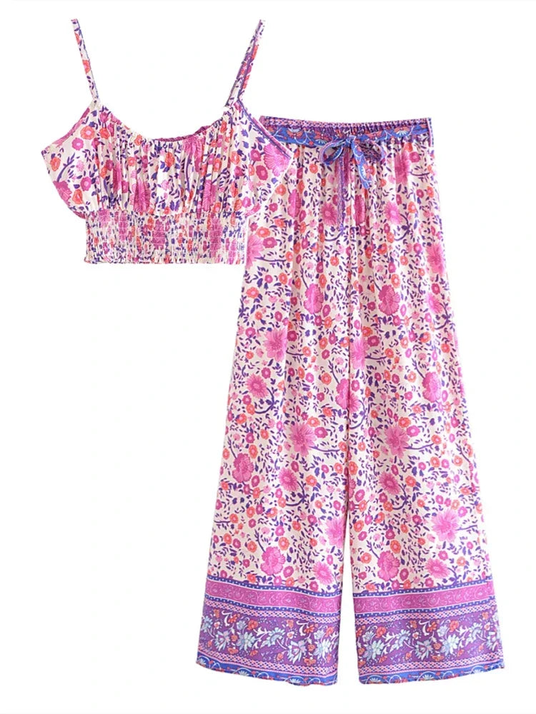 Vintage Chic  Women Floral Print Outfits Strap Sleeveless Tops Bohemian Suits Drawstring Pants 2 Pieces Rayon Cotton Boho Sets